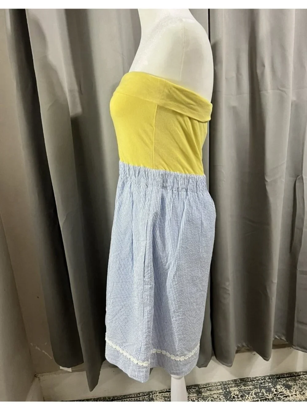 Vtg Lilly Pulitzer Medium Strapless Esmeralda Dress Yellow Blue Mini Seersucker - Picture 2 of 6
